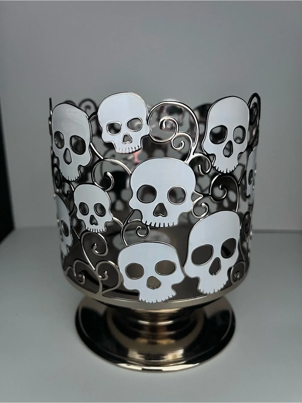 Bath & Body Works Silver Candle Holder with White Skull Accents